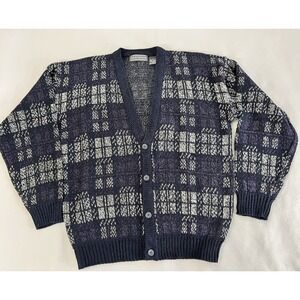 Vtg DAVID TAYLOR Cardigan Sweater M Men's Geometric Knit 90s Grandpa Acrylic Y2K